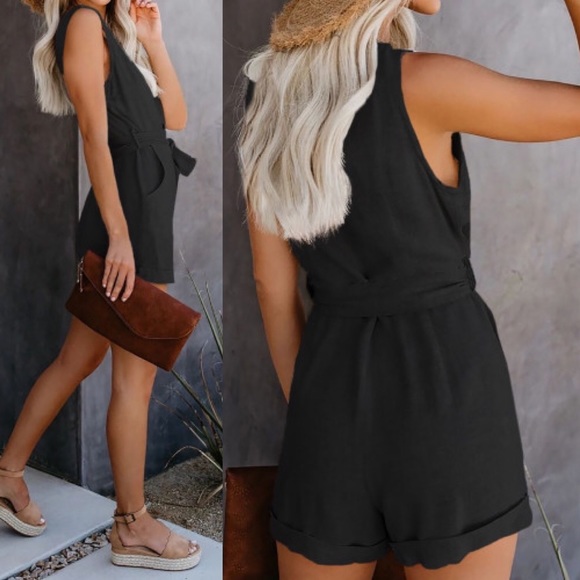 Button Romper with Belt - Picture 2 of 4